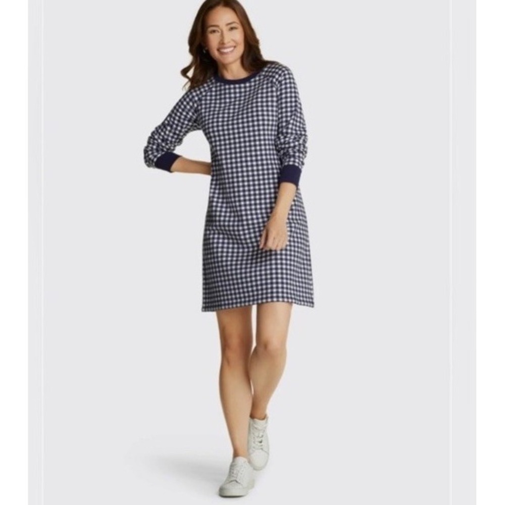 NEW Draper James Natalie Cotton Gingham Sweatshirt Dress in Navy Size 2X